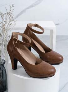 1双搭扣粗跟高跟鞋，纯色百搭，适合通勤、商务、派对等场合，优雅的闭趾女鞋 - 咖啡棕 - 查看 4