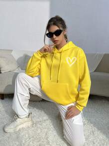 SHEIN EZwear In Trái tim Túi kangaroo Thả vai Dây rút Hoodie - Màu vàng - Xem 4