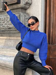 EURMUSE 小高領落肩袖短款毛衣 - 藍色 - 查看 5