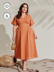 Mulvari 大碼素色交疊領A字洋裝 - 橘色 - 查看 1