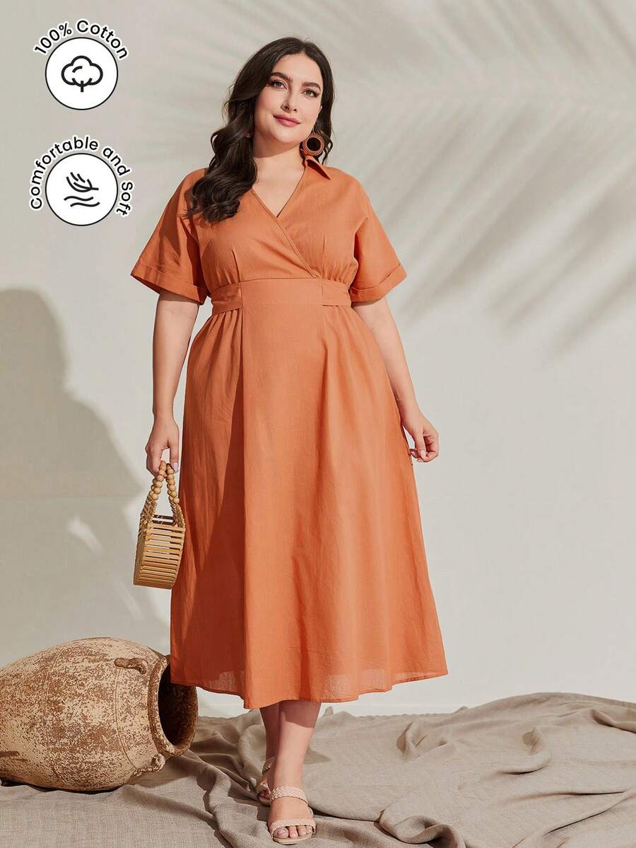 Mulvari 大碼素色交疊領A字洋裝 - 橘色 - 查看 1