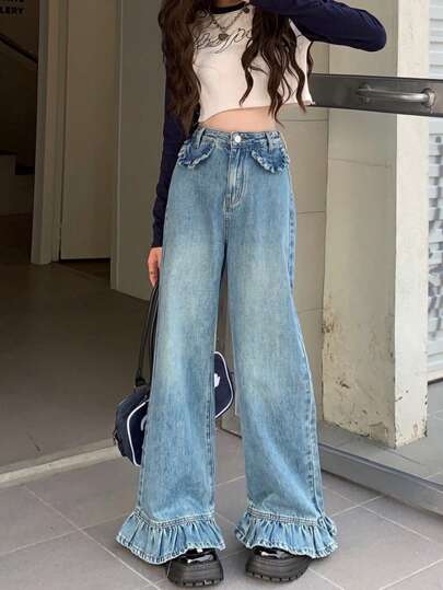 水洗荷葉邊下擺闊腿牛仔褲