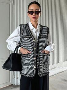 DAZY 条纹印花毛边双口袋背心外套（不含衬衫）女式夹克，秋季女装 - 黑色 - 查看 4