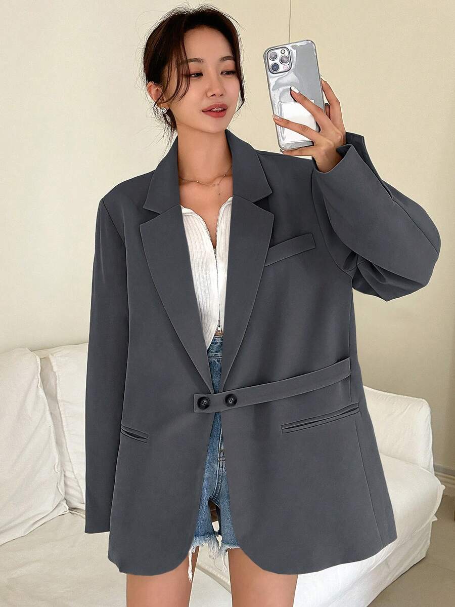 DAZY Lapel Neck Blazer - Grey - View 1
