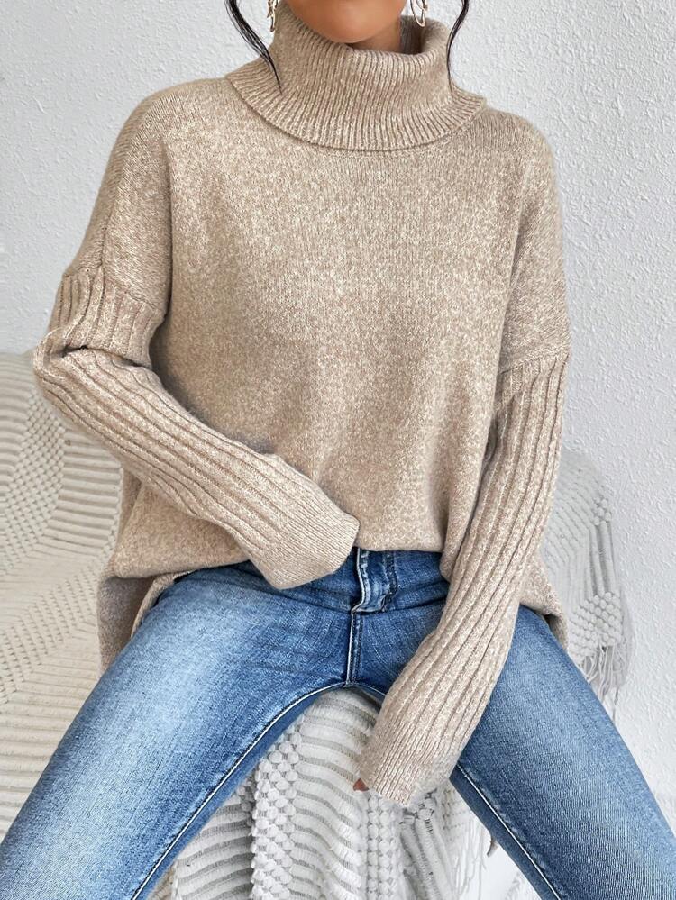 Turtleneck Drop Shoulder Asymmetrical Hem Sweater,Long Sleeve Tops Knit Pullover Fall Winter Sweater
