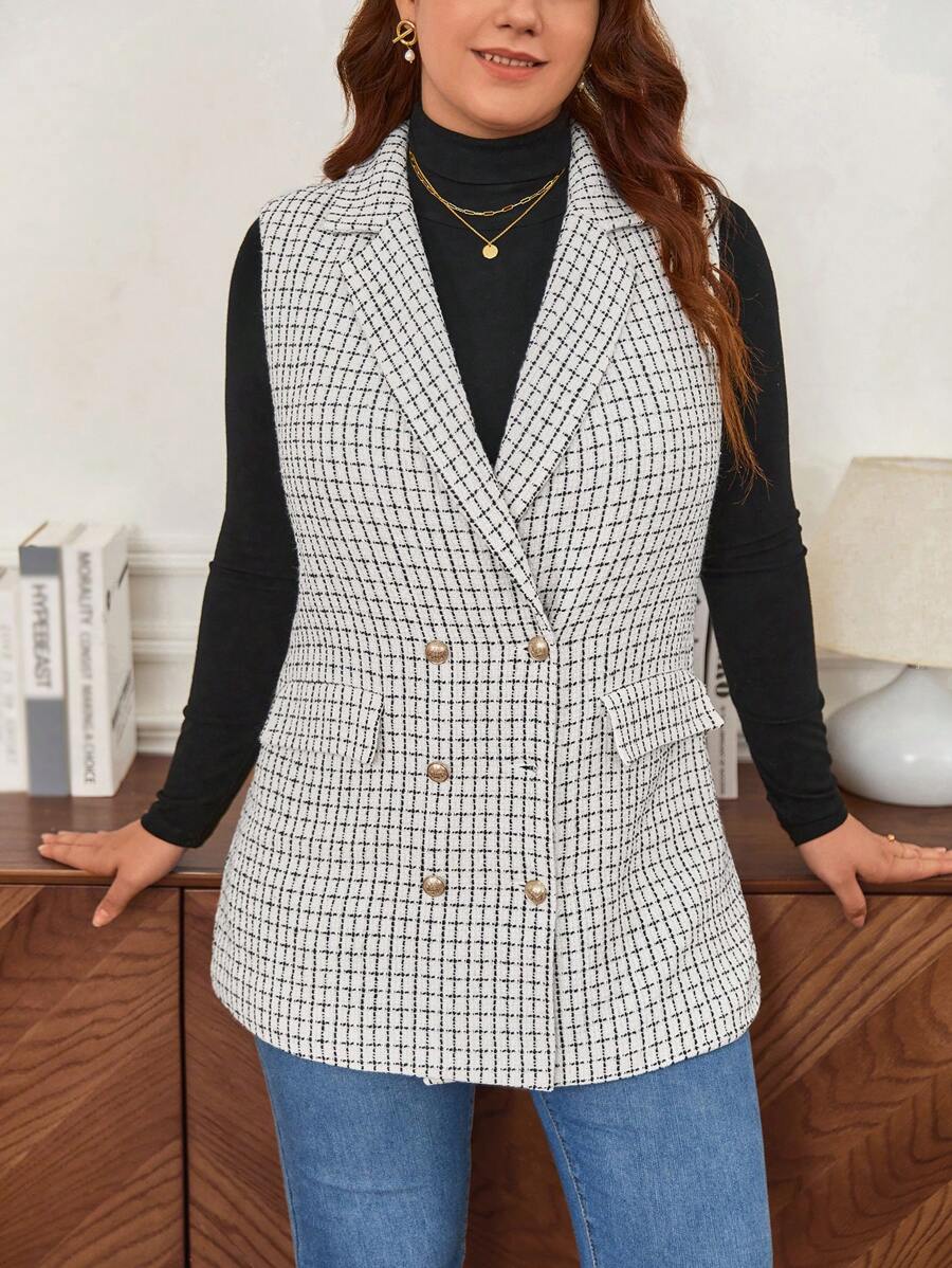 SHEIN Frenchy 大碼格紋雙排釦背心大衣