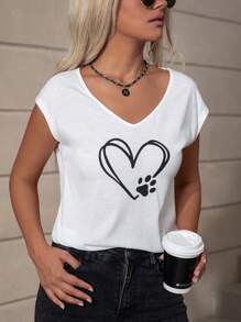 SHEIN LUNE 心形和卡通圖案蝙蝠袖T恤 - 白色 - 查看 4