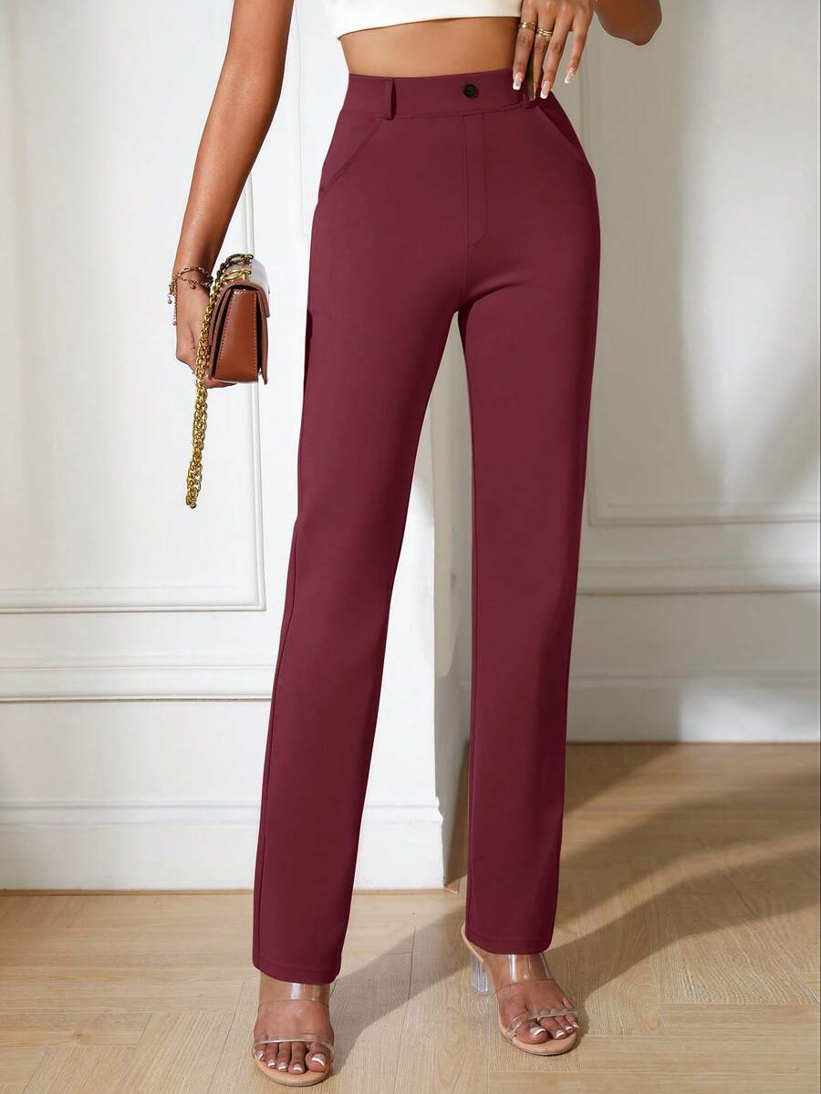 Solid Straight Leg Pants - Burgundy - View 1