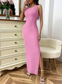 SHEIN Privé Cắt ra Tách đùi Không lưng Đầm - Hồng - Xem 3