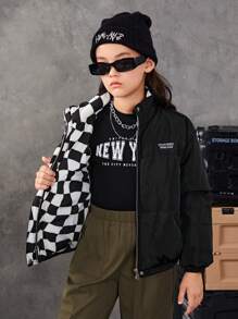 SHEIN Tween Girl Letter Patched Detail Drop Shoulder Padded Coat - Black - View 1