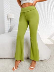 SHEIN PETITE 素色喇叭褲 - 青檸色 - 查看 4