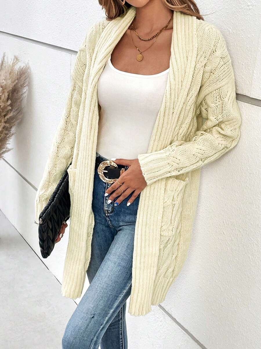 SHEIN LUNE Cable Knit Drop Shoulder Duster Cardigan - Apricot - View 1