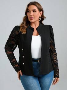Chikora 大碼蕾絲拼接紐扣細節夾克不附吊帶上衣 - 黑色 - 查看 6