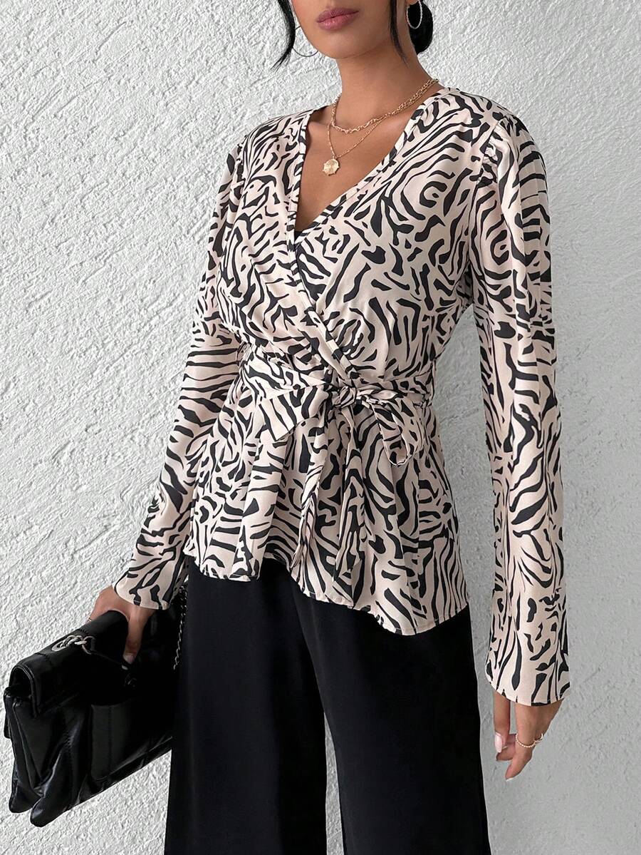 EURMUSE Allover Print Knot Front Wrap Detail Peplum Blouse - Beige - View 1