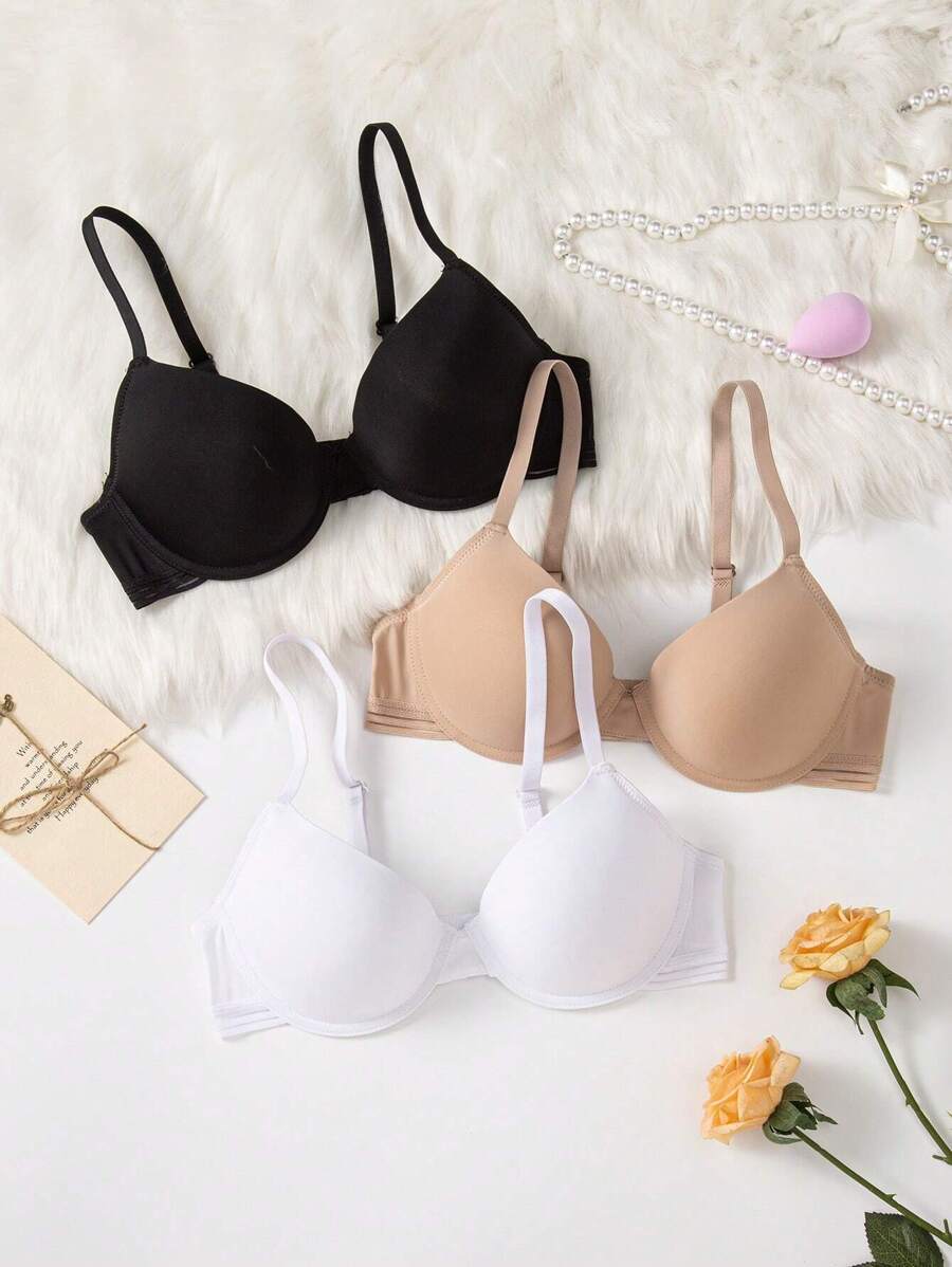 Women's Casual Plain Padded Bralette Bra Set Of 3 Multicolor Fabric Medium Stretch - Multicolor - View 1