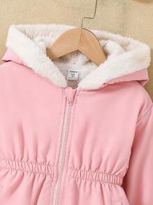 SHEIN 女小童拉鏈開襟毛絨內襯連帽外套無毛衣 - 粉色 - 查看 3