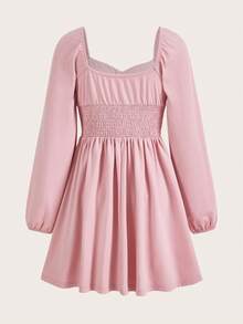 SHEIN MOD Cổ Trái tim Tay áo lồng đèn Viền bình hàng phía sau Đầm - Hồng - Xem 2