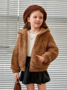 SHEIN Cô Gái Trẻ Bản vá Gấu Thả vai Dây kéo Áo Teddy Jackets - Cà phê nâu - Xem 4