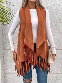 SHEIN LUNE 流蘇邊開門襟外套馬甲 - 棕色 - 查看 1