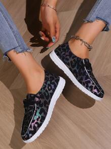 Women Leopard Pattern Slip On Shoes, Fabric Lace-up Front Sporty Sneakers - Multicolor - View 2