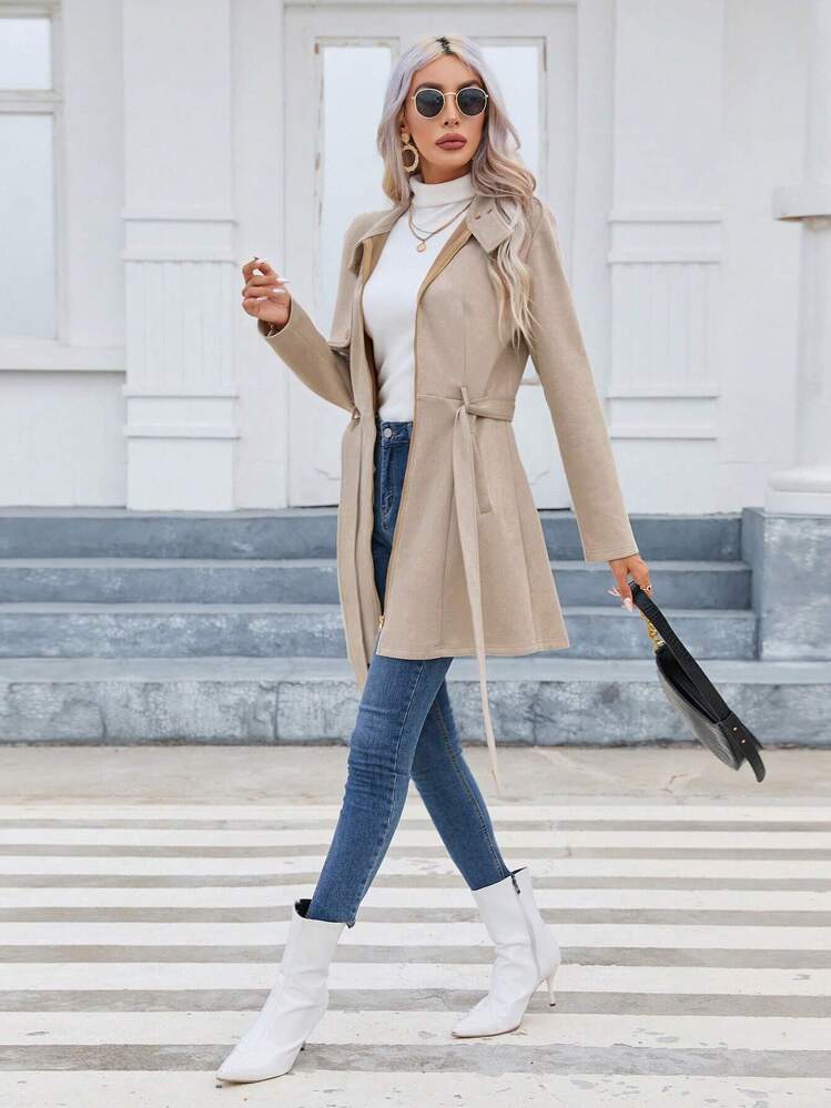 Firerie Flap Detail Belted Zip Up Coat In Fall/Winter | SHEIN USA