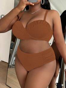 SHEIN Swim Curve Plus rozmiar marszczony biustonosz push-up i dół od bikini z wysokim stanem kostium kąpielowy na letnią plażę