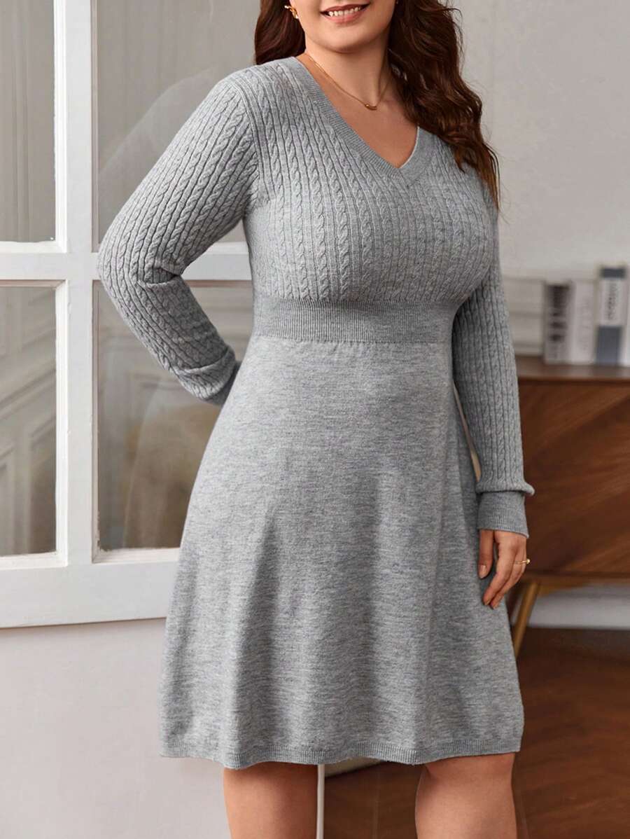 SHEIN Frenchy Hơn Chất rắn Cổ v A-line Đầm Áo len - Màu Xám nhạt - Xem 1