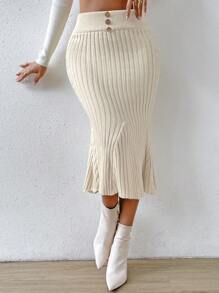 SHEIN Privé Button Detail Mermaid Hem Knit Skirt - Apricot - View 4