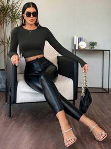 RueChic Solid Crop Slim Fit Tee - Black - View 6