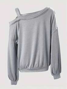 Slogan Graphic Asymmetrical Neck Drop Shoulder Sweatshirt - Grey - View 4