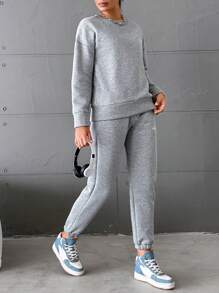 EURMUSE Letter Graphic Drop Shoulder Sweatshirt & Sweatpants - Grey - View 3