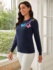EMERY ROSE Pullover mit Schmetterling Muster, rundem Kragen, - marineblau - Übersicht 5