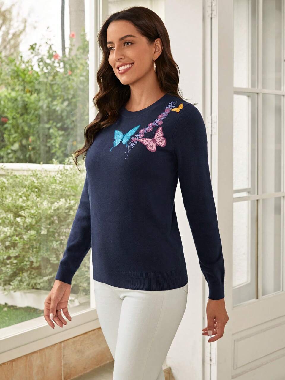 Butterfly Pattern Round Neck Sweater