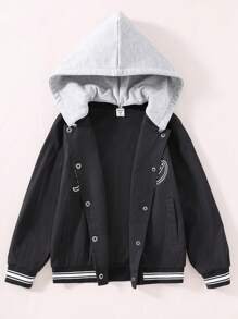 SHEIN Tween Boy Letter Graphic Striped Trim Jacket With Detachable Hood Without Tee - Black - View 8