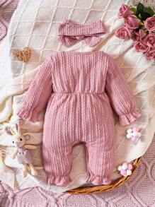 女嬰前蝴蝶結荷葉袖荷葉邊連身褲＆ 頭巾 - 粉色 - 查看 2