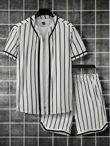 Manfinity Campus Court 男士條紋印花襯衫&短褲 - 黑與白 - 查看 5