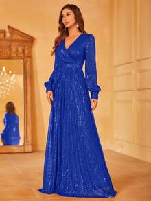 Faeriesty Cross-Neck Long Sleeve Sequin Maxi Party Dress - Royal Blue - View 5
