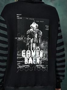 IT Chapter Two | ROMWE 條紋和字母圖案拉鏈連帽衫 - 黑色 - 查看 4