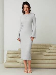 SHEIN Essnce Lettuce Trim Flounce Sleeve Bodycon Dress - Grey - View 4