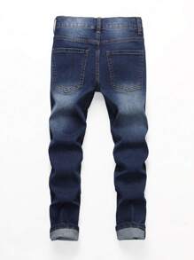 SHEIN TWEEN BOY 百搭休闲现代街头学院风猫须破洞可调节腰部弹性五口袋紧身牛仔裤，全年百搭时尚牛仔必备品 - 深色水洗藍 - 查看 7