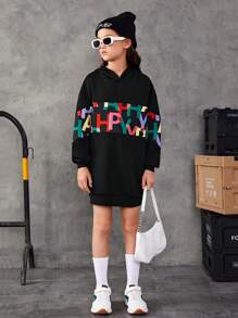 SHEIN Áo nỉ dài tay rộng rãi dành cho bé gái tuổi teen, in chữ nhiều màu sắc. - màu đen - Xem 3