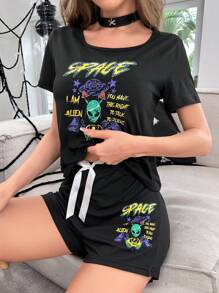 Studio Chunk Halloween Slogan & Cartoon Graphic PJ Set