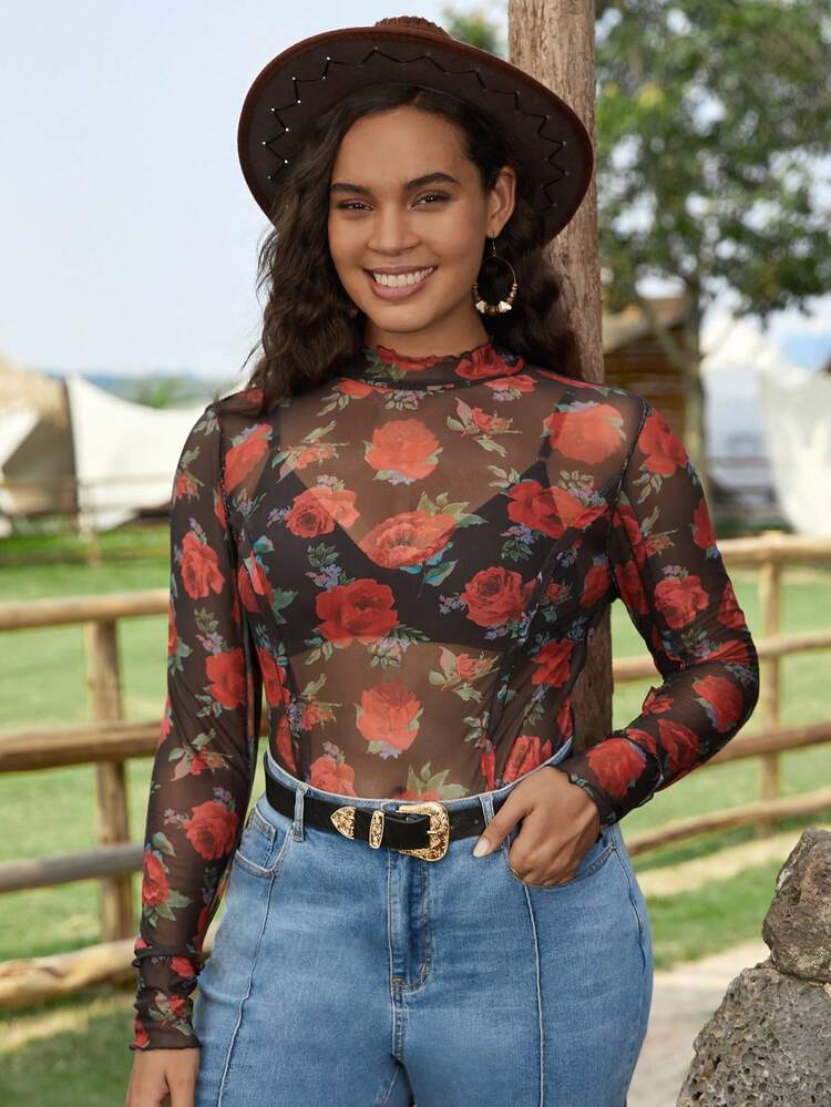 Plus Floral Print Mock Neck Mesh Top Without Bra