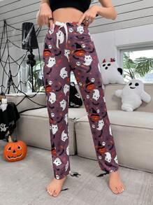 Halloween Print Tie Front Sleep Pants, For Fall - Multicolor - View 3