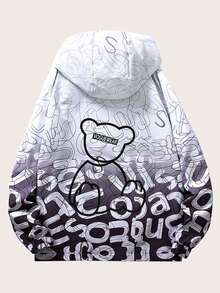 Hombres talla grande Cazadora con estampado de letra de ombré con cordón con capucha - Gris - Ver 2