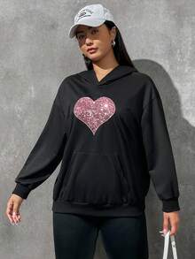 SHEIN EZwear Áo nỉ cỡ lớn in hình trái tim, túi kangaroo, vai rớt - màu đen - Xem 5