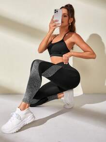 Exploreva Colorblock Phone Pocket Side Wideband Waist Sports Leggings