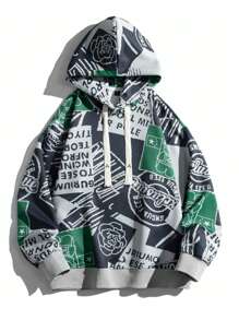 Men Letter Graphic Drawstring Hoodie - Grey - View 1