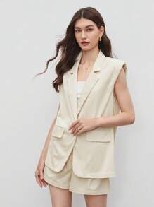 BizChic 1pc Solid Blazer Vest & 1pc Belted Shorts