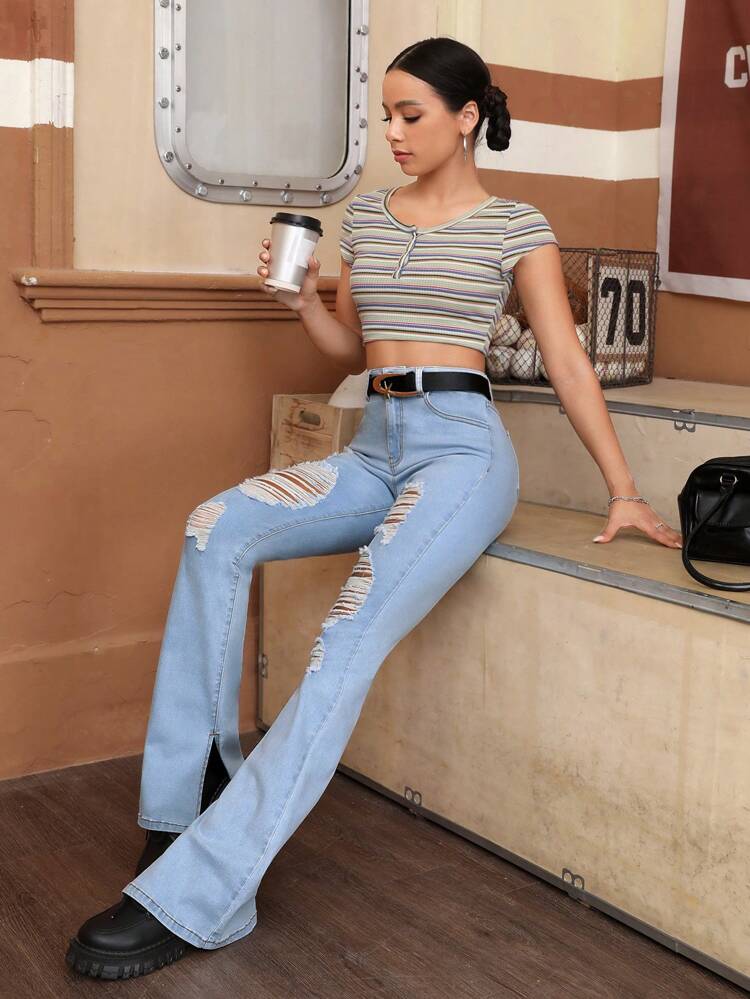 Ripped Split Hem Flare Leg Jeans Without Belt